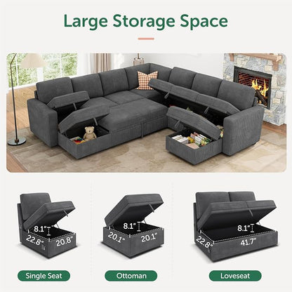 HONBAY Modular Sectional Sleeper Sofa with Pull Out Couch, Corduroy Oversized Sectional Couches Pull Out Bed with U Shaped Sleeper Storage for Living Room - Dark Grey