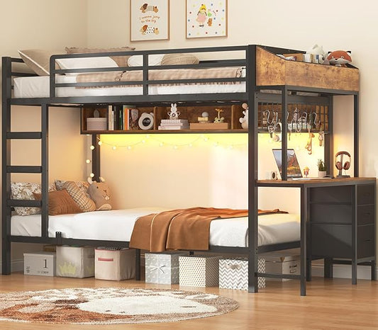 VIAGDO Bunk Bed Twin Over Twin with Charging Station and LED Lights, Heavy Duty Metal Bunk Bed with Desk and 3 Storage Drawers, Utility Storage Shelf and Boxes, No Box Spring Needed, Black