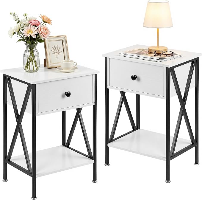 VECELO Nightstands Set of 2, Modern Bedside End Tables, Night Stands with Drawer and Storage Shelf for Living Room Bedroom, Industrial Metal Frame