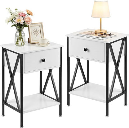 VECELO Nightstands Set of 2, Modern Bedside End Tables, Night Stands with Drawer and Storage Shelf for Living Room Bedroom, Industrial Metal Frame