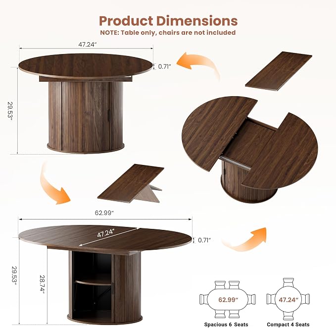 47''-63'' Extendable Round Dining Table for 4-6, Round Dining Room Table with Hidden Storage, Modern Wooden Kitchen Table with Fluted Sliding Door Cabinet for Dining Room Kitchen, Walnut
