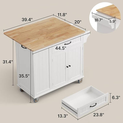Ahomly Kitchen Island with Storage, 44.49" Kitchen Island with Trash Can Storage, Drop Leaf Rubberwood Top, Knife Holder, Adjustable Shelf, Towel Bar, Drawer, Spice Rack, White