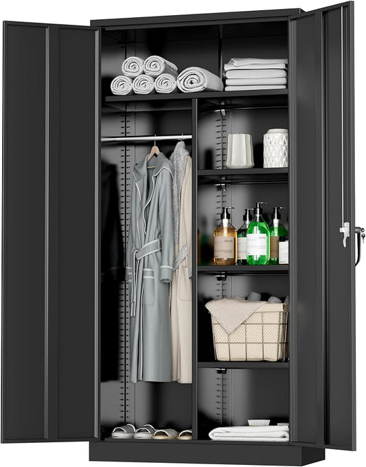 Greenvelly Metal Wardrobe Closet with Doors and Shelves,72" Black Armoire Wardrobe Closet for Hanging Clothes for Office, Home, School, Employee,Gym