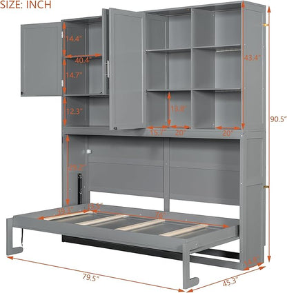 Twin Murphy Bed with Storage, Folding Wall Bed with Top Cabinet and Shelves | Flexible slats and a dual-piston mechanism help lift and lower the bed smoothly, with 400 lb capacity for daily use.