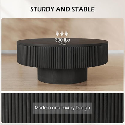 YOUDENOVA 31.5” Round Fluted Coffee Table, Modern Wood Circle Coffee Table, Veneer Handcrafted Relief Tea Table with Sturdy Pedestal for Living Room，Easy Assembly - Black