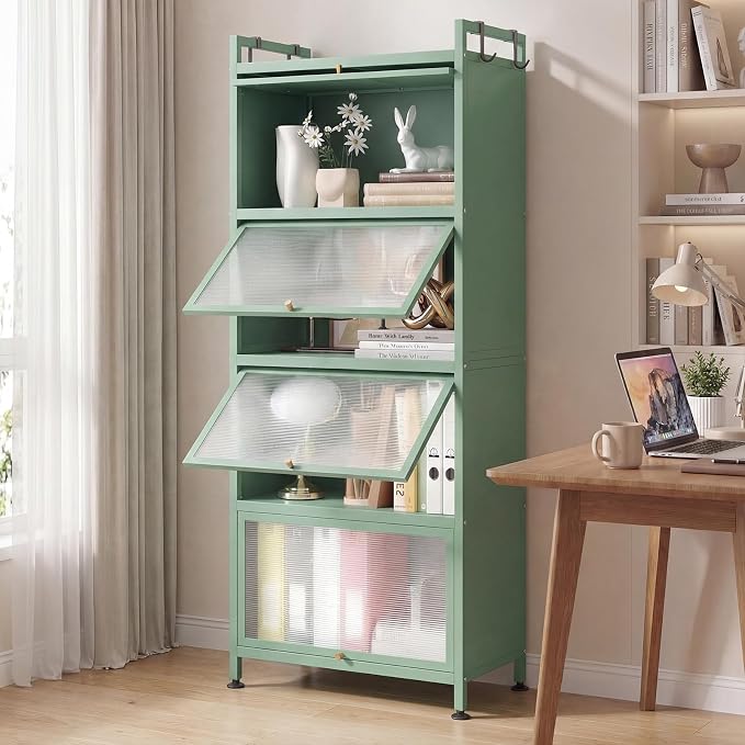 Giantex 5-Tier Kitchen Storage Cabinet, Freestanding Metal Pantry Cabinet w/ 4 Flip-up PC Doors, 4 Hooks & Adjustable Feet, 60” Tall Bakers Rack Microwave Stand for Dining Room, Living Room, Green