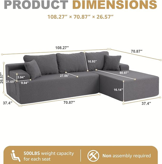 Hobestluk Modular Sectional Sofa Couches L-Shape Couch 3 Seat Modular Sofa Memory Foam Sectional Couches for Living Room, Cloud Couch with Oversized Chaise (Grey Smooth, 108", Right Hand Facing)