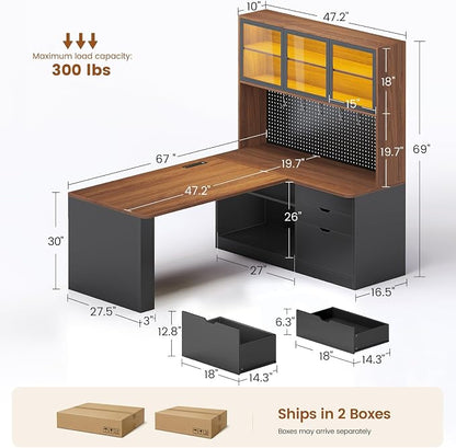 SEDETA L Shaped Office Desk, Computer Desk with 3 Wood Drawer and Large Bookshelf, L Shaped Corner Gaming Desk with LED Light, Display Cabinet and Pegboard, 27.5" W Large Desktop Table, Brown