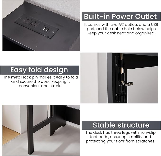 Fold Out Desk with Power Outlets, Small Foldable Table with Storage Shelf,Space-Saving Hidden Desk for Bedroom, Living Room & Office (Black)