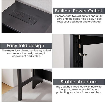 Fold Out Desk with Power Outlets, Small Foldable Table with Storage Shelf,Space-Saving Hidden Desk for Bedroom, Living Room & Office (Black)
