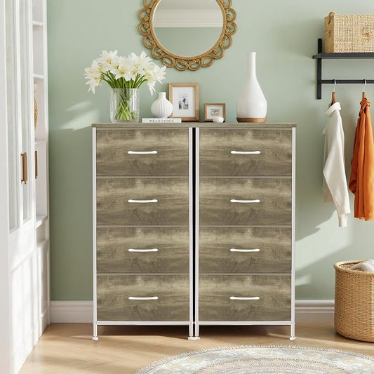 4 Drawers Dresser for Bedroom, Fabric Storage Tower Organizer with Wooden Top and Steel Frame, Tall Chest of Drawers for Closet, Entryway, Dorm, Greige Oak