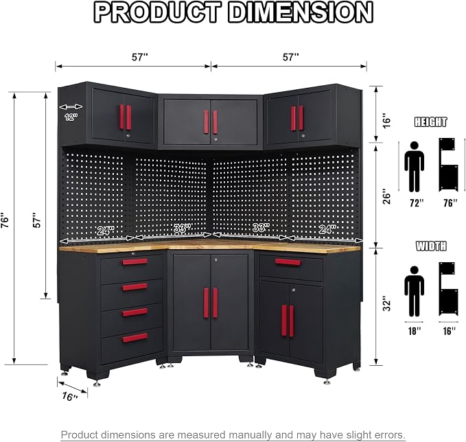 Corner Workshop Set,10-Pcs Garage Cabinets and Storage System with Corner Cabinet, Cabinet Drawers, Workbench, Pegboard for Tool Organization, Red and Black
