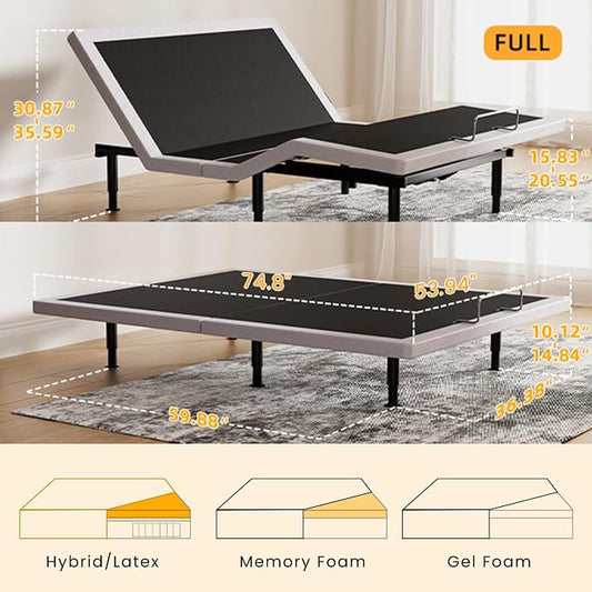 Full Adjustable Bed Frame with Massage Adjustable Bed Base with Wireless Remote USB Ports Underbed Light Zero Gravity Height Adjustable Legs