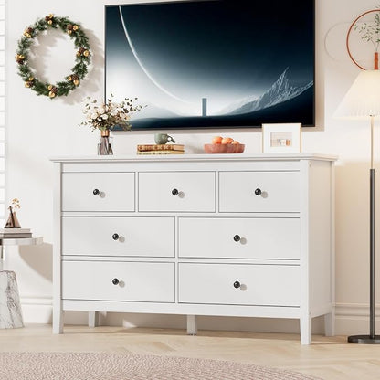 CARPETNAL White Dresser for Bedroom, 7 Drawer Dresser with Wide Drawers and Metal Handles, Wood Dressers & Chests of Drawers for Hallyway, Entryway