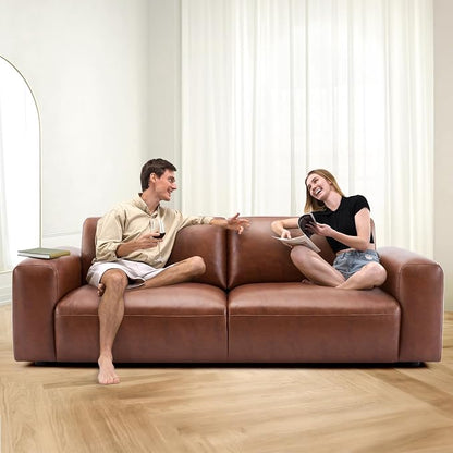 COLAMY PU Leather Sofa Couch, 95" Oversized Sofa Loveseat for Living Room, Comfy Love Seat Couch with Extra Deep Seats, Wide Arm, Down Filled 3-Seater Modern Sofa for Apartment/Lounge/Bedroom-Auburn