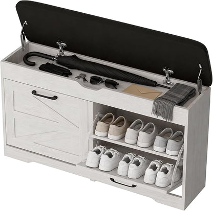 39" Shoe Storage Bench with Padded Seat Cushion & Lift Top Storage Box & 2 Flip Drawers, Small Entryway Shoe Rack Bench with 2 Doors and Adjustable Shelf, Shoes Cabinet for Hallway, Living Room, White
