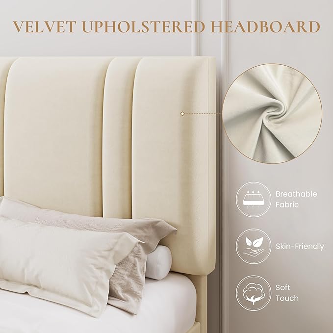 SHA CERLIN Full Size Platform Bed Frame, Velvet Upholstered Bed with Adjustable Headboard, Vertical Channel Tufted Design, Sturdy Wood Slat Support, No Box Spring Needed, Easy Assembly, Cream White