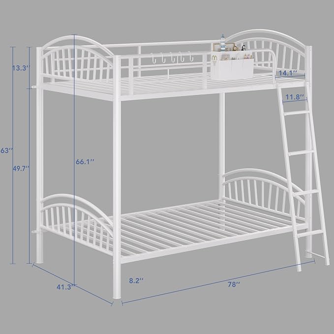 Decofy Metal Bunk Bed Twin Over Twin with Storage Bag, 2 Twin Size Beds with Safety Guard Rails and Anti-tip Nails for Teenager,Girls or Boys （White） | Convertible Ladder