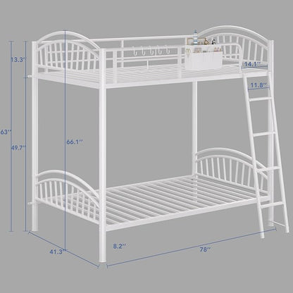 Decofy Metal Bunk Bed Twin Over Twin with Storage Bag, 2 Twin Size Beds with Safety Guard Rails and Anti-tip Nails for Teenager,Girls or Boys （White） | Convertible Ladder