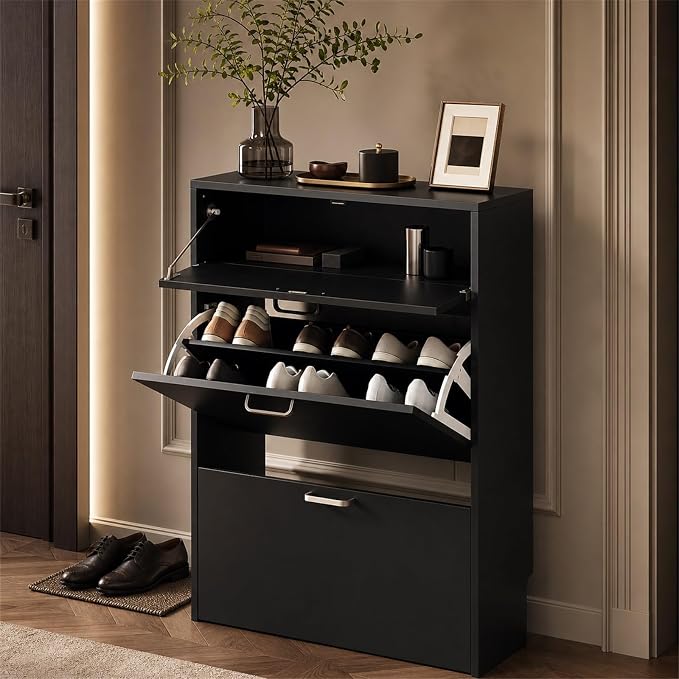 VINGLI Shoe Cabinet Storage for Entryway with 2 Flip &1Drop-Down Drawers | 24.8" W Narrow Slim,Modern Black Color,Holds 8–12 Pairs of Shoes,Smart Baseboard Cut-Out Design,9.45" Depth