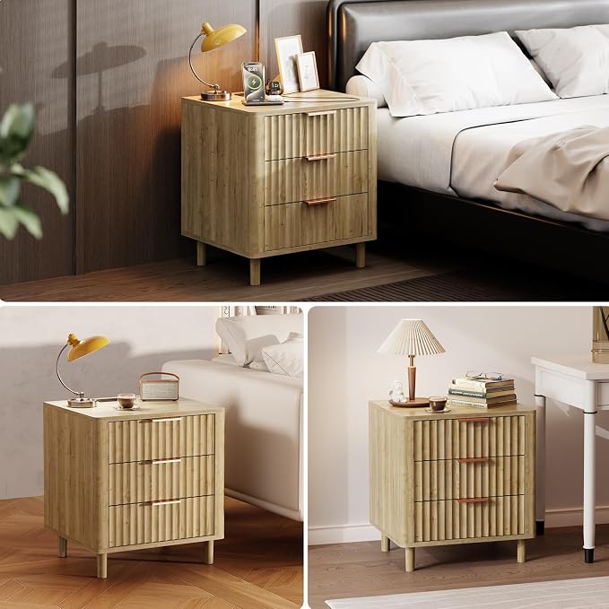 Fluted Nightstand Set of 2, Multifunctional 3 Drawers Storage Bedside Table with Charging Station, Wood Modern Nightstand, Curved Profile Design, End Table for Indoor Room Bedroom, Oak