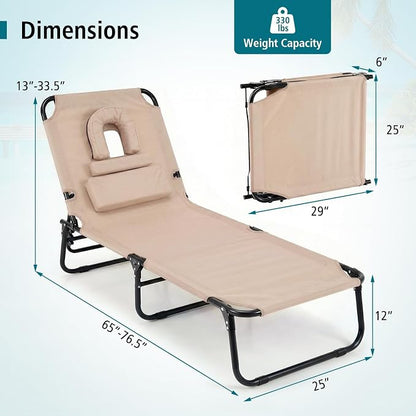 GYMAX Beach Lounge Chair, Sunbathing Chair Patio Lounge Chair Folding Adjustable Recliner with Hole for Face