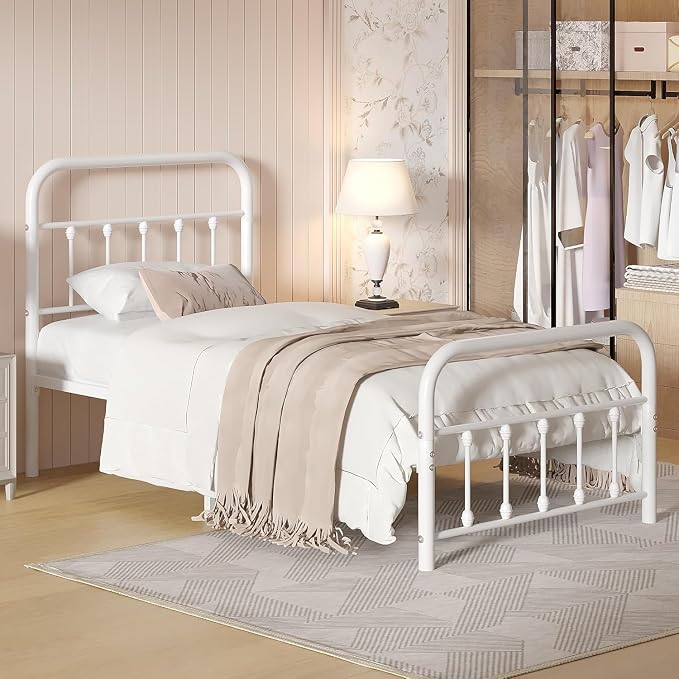 VECELO Twin Size Sturdy Metal Platform Bed Frame Classic Victorian Style Bed Frame with Headboard and Footboard Under Bed Storage No Box Spring Needed White