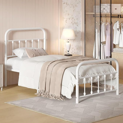 VECELO Twin Size Sturdy Metal Platform Bed Frame Classic Victorian Style Bed Frame with Headboard and Footboard Under Bed Storage No Box Spring Needed White