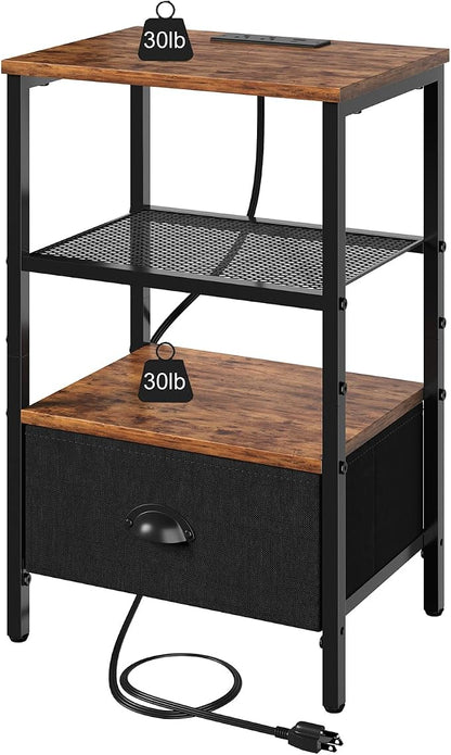 sthmec Nightstands Set of 2, LED Bedside Tables with Charging Station and Fabric Drawer, Night Stand with Storage, 3 Tier Side Table with Open Shelf, LED Nightstands with Charging Station,Rustic Brown
