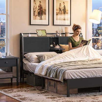 MAHANCRIS Headboard Queen Size with 2 Power Strips and Flip Door Storage | Industrial Queen Headboard with Adjustable Bed Frame Adapters, 95° Backrest, Easy Assembly, Sturdy Construction, Black
