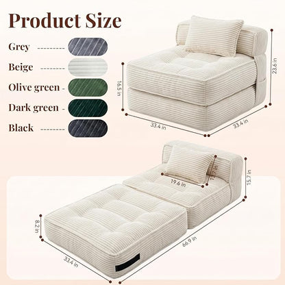 Folding Sofa Bed, Convertible Sleeper Chair with Pillow Foldable Mattress with Back Support, Portable Fold Out Chair Bed Comfy Floor Couch Lounge for Living Room Bedroom Apartment Single