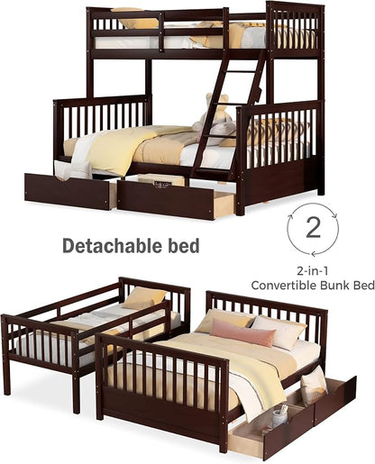 Merax Wood Bunk Bed with Two Drawers,Convertible Wood Bunk Bed with Ladders and Two Storage Drawers,Solid Wood Detachable Bed Frame with Ladders, Twin Over Full Size, Espresso