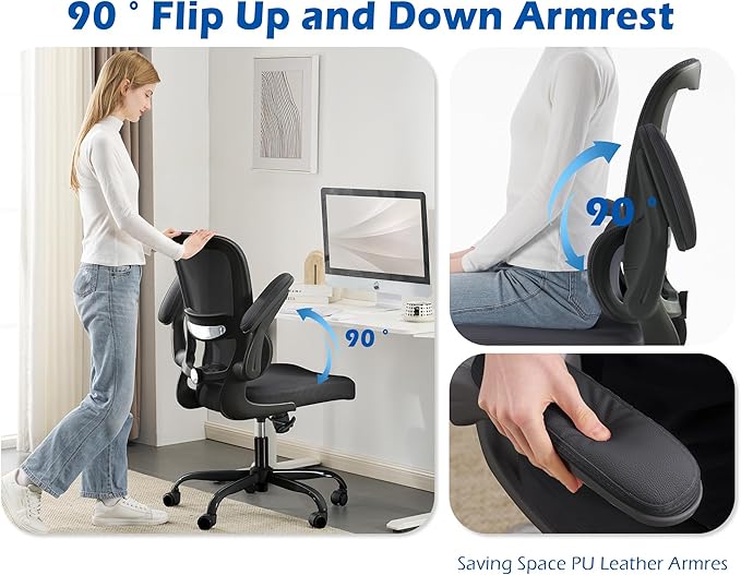 TRALT Ergonomic Office Chair - Desk Chair with Adjustable Headrest Lumbar Support Computer Chair - Mesh Comfy Chair with Flip-up Armrests - Gaming Chair for Adults Home Office PU, Black, Pack of 3