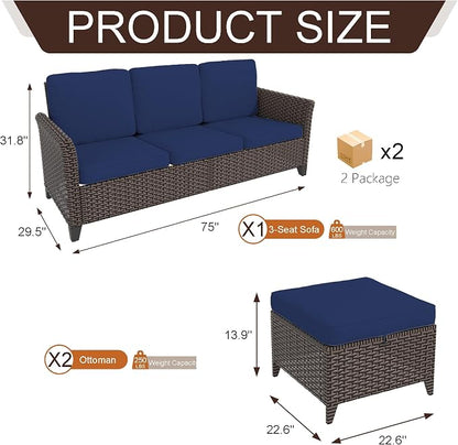 3 Pieces Patio Furniture Set, Outdoor PE Wicker High Back Couch & 2 Rattan Ottomans, All Weather Patio Set with Waterproof Cushion for Porch, Backyard and Deck
