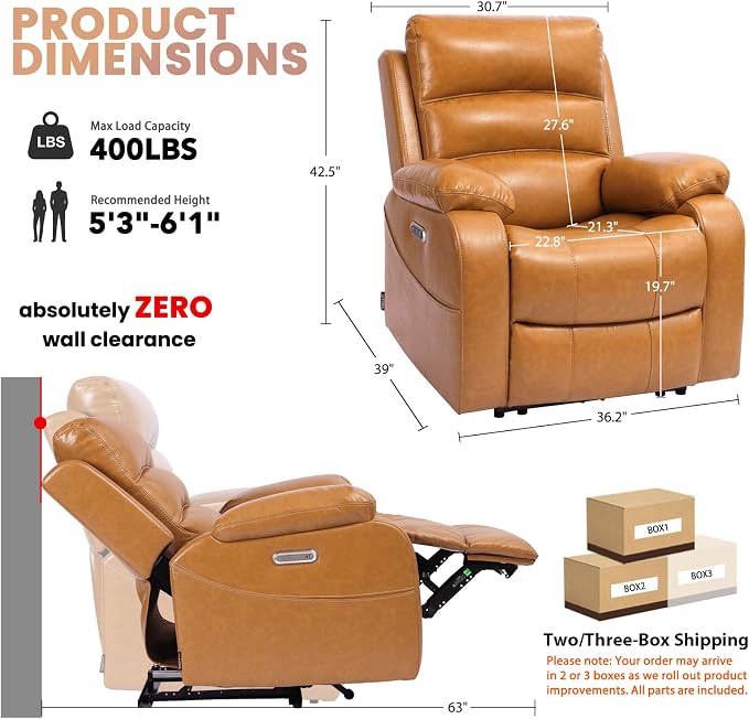 EONIX Power Zero Wall Hugger Power Recliner Chair for Small Space RV Living Room,Power Recliner with Massage and Heat, USB & USB-C Charging Ports, SXXY003992, Saddle Brown