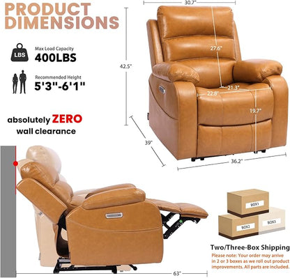 EONIX Power Zero Wall Hugger Power Recliner Chair for Small Space RV Living Room,Power Recliner with Massage and Heat, USB & USB-C Charging Ports, SXXY003992, Saddle Brown