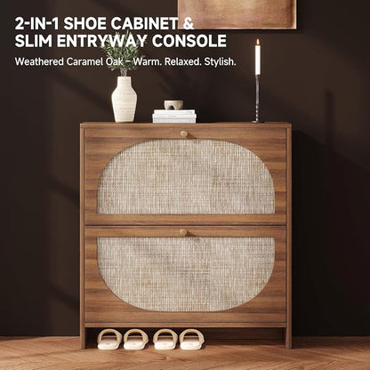 Nicetree Rattan Arched Accent Shoe Storage Cabinet - Freestanding Ultra Slim for Entryway, 2 Flip Drawers & 3-Tier Adjustable Shelves, Farmhouse Modern Rustic Shoe Rack for Hallway, Foyer, Living Room