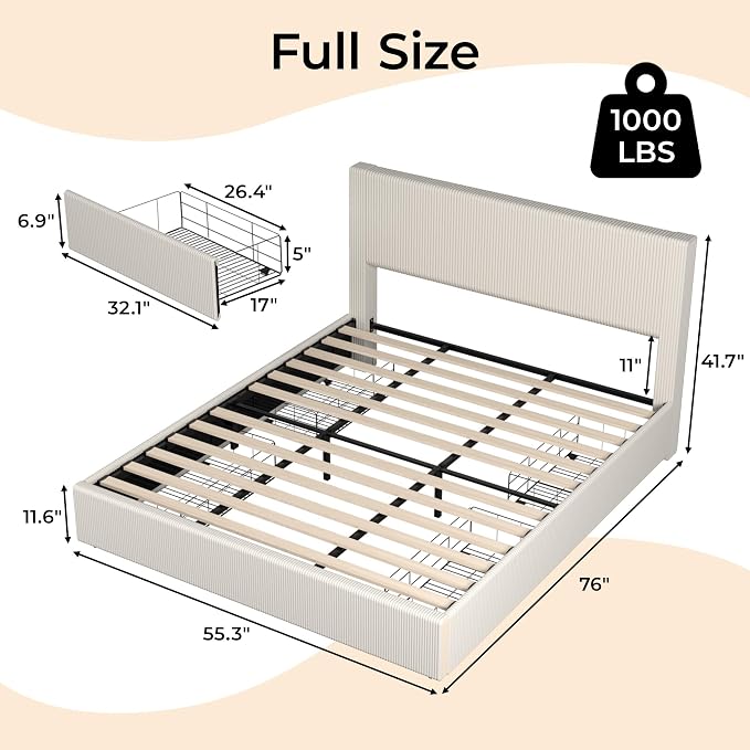 IDEALHOUSE Full Size Bed Frame with 4 Storage Drawers, Corduroy Upholstered Bed Frame with Tufted Wingback Headboard, Strong Wooden Slats Support, No Box Spring Needed, Beige
