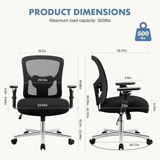 DUMOS Big and Tall Office Desk Chair with Lumbar Support, 500lbs Heavy Duty Mesh Ergonomic Computer Chair with 4D Armrest and Wide Comfy Seat, Swivel Wheels for Adult, Black