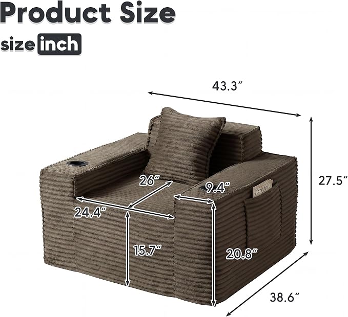 Boneless Sofa Couch with Cup Holders & Side Pockets, Modern Corduroy Fabric Deep Seat Single Cloud Couch for Reading Living Room Office, No Assembly (Brown)