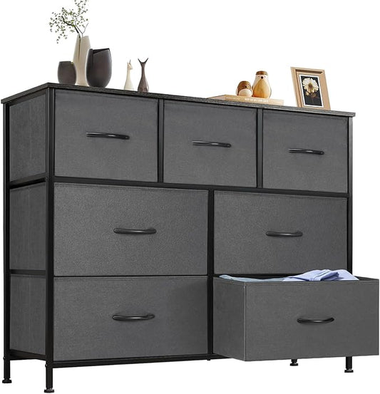 Sweetcrispy 7 Drawer Dresser Storage Organizer with Fabric Bins, Grey | Sturdy Steel Frame and Wood Top, Easy Pull Handles, for Bedroom Closet Hallway Entryway