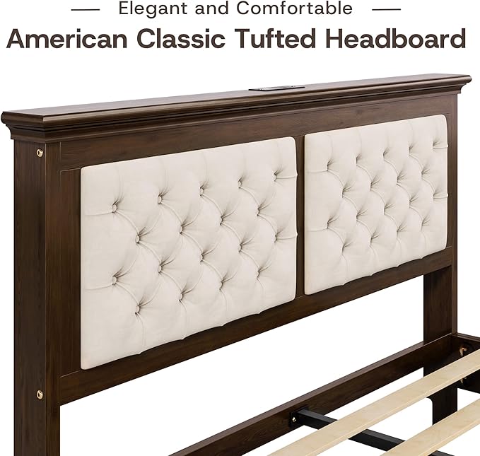 Lifezone Solid Wood Queen Size Bed Frame 41.5” Tall Diamond-Tufted Upholstered Headboard, American Classic Flat-Top Bed, Stable Structure, Wood Slats Support, Noise-Free, No Box Spring Needed, Walnut