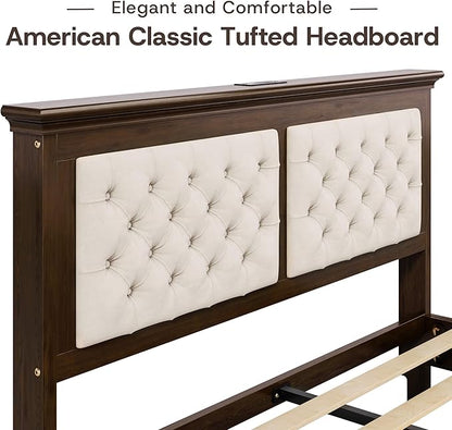 Lifezone Solid Wood Queen Size Bed Frame 41.5” Tall Diamond-Tufted Upholstered Headboard, American Classic Flat-Top Bed, Stable Structure, Wood Slats Support, Noise-Free, No Box Spring Needed, Walnut