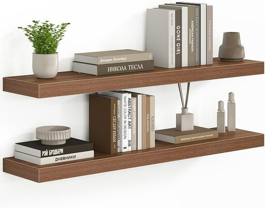 Fun Memories 36 Inch Floating Shelves - Deep Rustic Wooden Wall Shelves - Extra Deeper & Thicker Wall Mounted Storage Shelf for Bedroom, Kitchen, Farmhouse - 2 Pack, Walnut