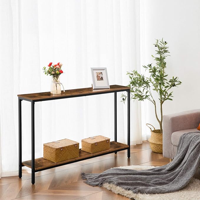 HOOBRO Console Table, 47.2" Narrow Entryway Table, Sofa Table with Shelf, Entrance Table for Living Room, Hallway, Foyer, Corridor, Office, Metal Frame, Rustic Brown and Black BF20XG01G1