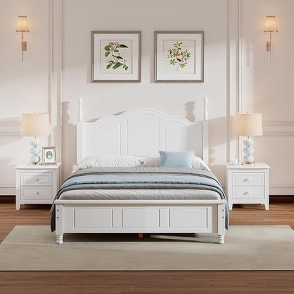 Harper & Bright Designs 3 Pieces Full Size Bedroom Sets, Solid Wood Platform Bed Frame with Heeadboard, 2 Nightstands, Farmhouse Design Full Bedroom Furniture Sets, Easy to Assemble (White)