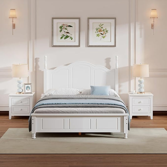 Harper & Bright Designs 3 Pieces Full Size Bedroom Sets, Solid Wood Platform Bed Frame with Heeadboard, 2 Nightstands, Farmhouse Design Full Bedroom Furniture Sets, Easy to Assemble (White)