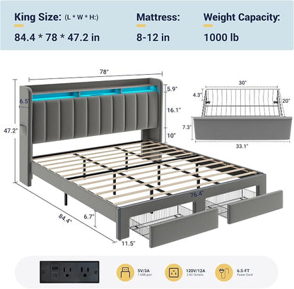 Allewie King Size Bed Frame with 2-Tier LED Storage Headboard, Velvet Upholstered King Platform Bed with 2 Storage Drawers, USB & Type-C Charging Ports, Noise-Free/No Box Spring Needed, Grey