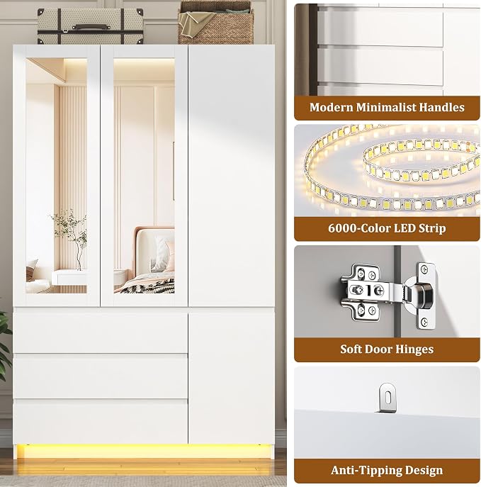75"H Tall Modern 3 Doors Wooden Armoire Wardrobe Closet with 3 Drawers & 2 Mirror,Clothing Storage Cabinet with Hanging Rod,Bedroom Large Freestanding Armoires with Led Lights for Bedroom,White