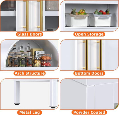 72.8" H Metal Pantry Cabinet with 4 Doors and 2 Adjustable Shelves, White Arched Kitchen Pantry Cabinet with Open Shelf for Kitchen, Dining Room, Assembly Required
